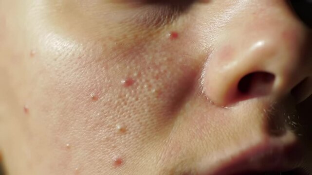 Young Caucasian Female Face with Acne and Blemishes Close-Up                                          