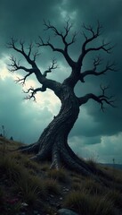 A gnarled, twisted tree reaches towards a stormy sky, its branches like skeletal fingers The dark clouds and ominous light enhance the feeling of malevolence and decay , scary, environment