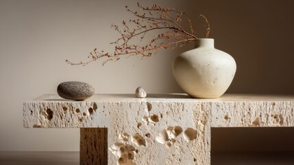 Minimalist stone and vase arrangement for modern interior design and decoration concepts