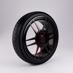3D rendering of a black and red alloy wheel with tire on white background