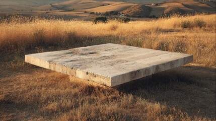 Stone platform in serene countryside landscape at sunset