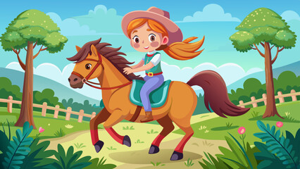 Obraz premium Smiling girl in cowboy hat riding a horse on a sunny countryside path with green trees and hills in the background