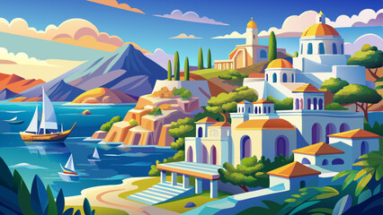 Picturesque coastal village with domed Mediterranean buildings, sailboats on blue sea and mountain backdrop at sunset