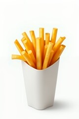 Delicious Golden French Fries in a White Carton Close Up View Fast Food Crispy Potato