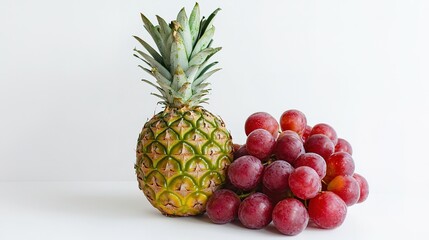 A pineapple and a bunch of red grapes are arranged together on a white background.