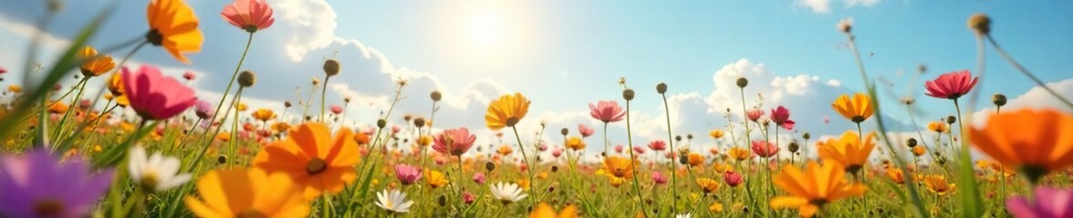 Obraz premium A vibrant, sun-drenched field of wildflowers swaying freely in the breeze, embodying uninhibited joy and passionate abandon , colorful, orange