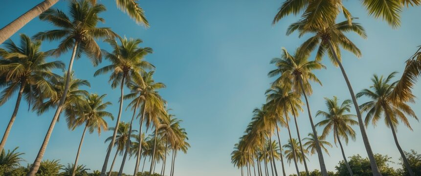 Canopy of grouped palm trees with a clear blue sky and empty space for text - Powered by Adobe