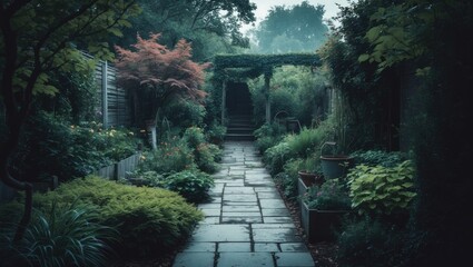 Fototapeta premium Garden Walkway with Empty Copy Space For Text