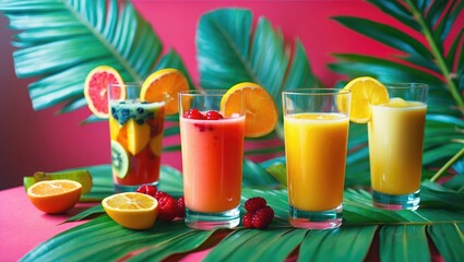 Fototapeta premium Tropical exotic multifruit juice glasses placed under palm leaves, featuring empty space for text.