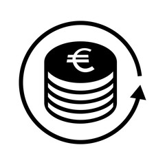 Black line icon of euro coin stack with circular arrow, symbolizing financial turnover, rotation, or cashflow.