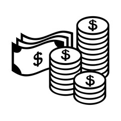 illustration of dollar bills and multiple stacks of coins symbolizing wealth, savings, or financial growth.