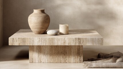 Minimalist stone table setting with vase and candle in natural light