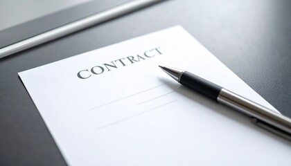 Formal document d "CONTRACT" with lines for signatures, and a sleek pen on a dark surface