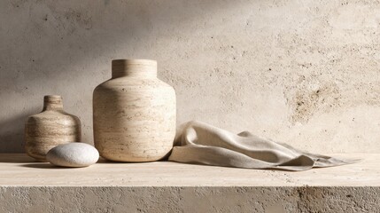 Rustic still life with stone vases and draped fabric in neutral tones for home decor inspiration