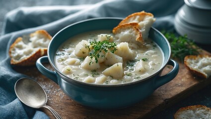 Alaskan cod chowder in a bowl with bread slices on the side