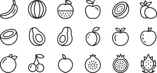 Simple Black Line Art Icons of Various Fruits