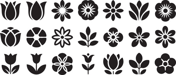 Set of Simple Black and White Flower Icons