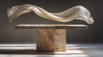 Elegant fabric floating above natural stone plinth in minimalist design concept
