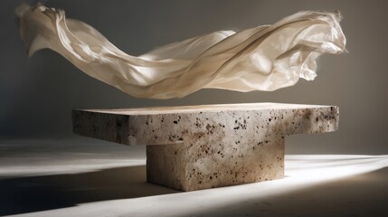 Ethereal fabric floating above stone table - minimalist design for interior concept