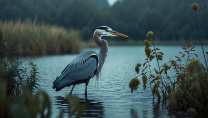 Naklejka premium A beautiful view of a great blue heron in the lake among the plants.