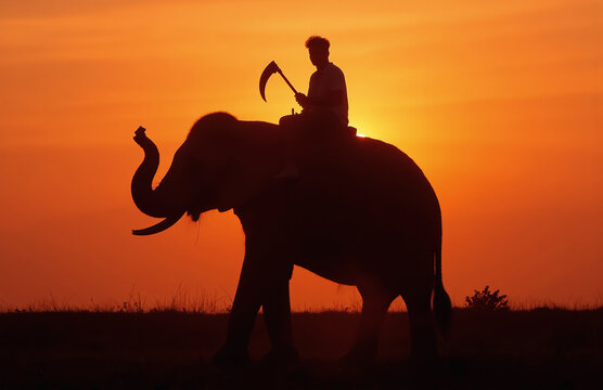 Elephant and rider silhouette at vibrant sunset