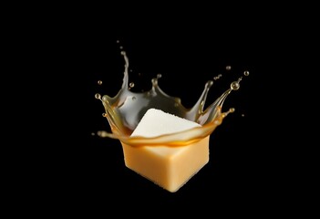 A single sugar cube dissolving in coffee, creating a splash and splatter effect against a stark black background,  delicious,  sweet
