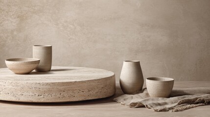 Minimalist ceramic tableware arrangement for elegant interior decor concepts