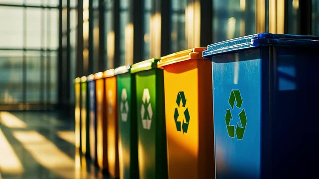 Colorful recycling bins in a modern building, promoting sustainability