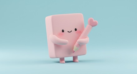 Adorable Pink Kawaii Character Holding a Heart Pencil Cute 3D Render