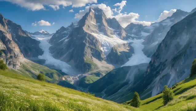 Alps mountains in summer with snow-capped peaks, green valleys, and blue skies.