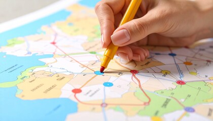 A hand colouring a part of a map with colour markers