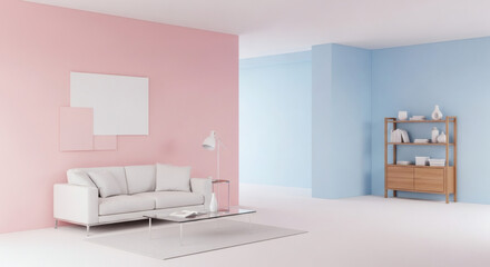 Fototapeta premium Elegant pastel colored living room interior showcasing a modern design aesthetic and furniture
