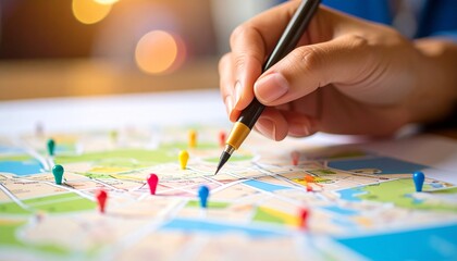 A hand colouring a part of a map with colour markers