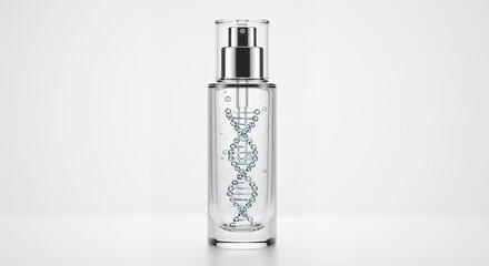 Genetic-based skincare concept, transparent serum bottle with double-helix inside on clean white surface