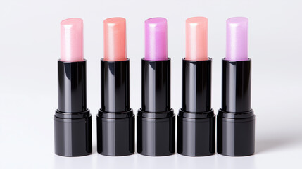 Obraz premium Five glossy and translucent, shiny texture lipsticks in sleek , pastel gradient from blush pink, pale apricot, soft peach,fuchsia pink to pale apricot. seamless wall,isolate on white background.