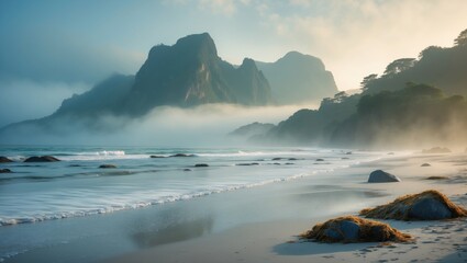 Obraz premium Tranquil Beach With Mountain View and Empty Copy Space for Text