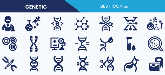 Best genetic icon set collection, DNA, DNA strand, double helix, chromosome, biotech lab, petri dish and vector illustration.