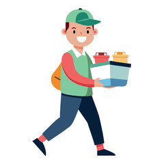 Cheerful Delivery Man Carrying Stacked Food Containers Ready For Lunch Delivery Service