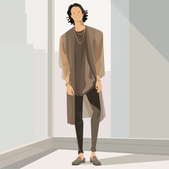 Fototapeta premium モダンなロングカーディガンを着た男性Fashion Illustration of a Man in a Modern Long Cardigan