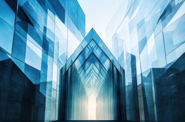 An abstract architectural form representing a chapel, made from faceted glass and metallic textures