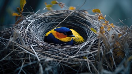 A southern masked weaver nest with a colorful bird inside.