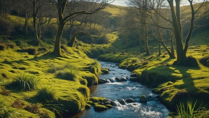 Naklejka premium Dense moor covered with grass, moss, and plants with a small river flowing through it and old thin trees casting shadows on the water surface during a sunny day