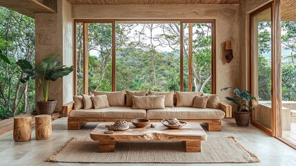 Natural, modern living room with jungle views