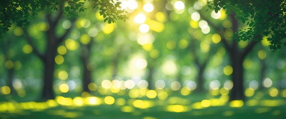 Abstract Green Blurred Bokeh Background from Upper View of Trees with Sunlight in the Park, Out of Focus, with Empty Space for Text