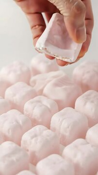 Slowly squish pastel marshmallow cubes between fingers.