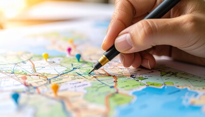 A hand colouring a part of a map with colour markers