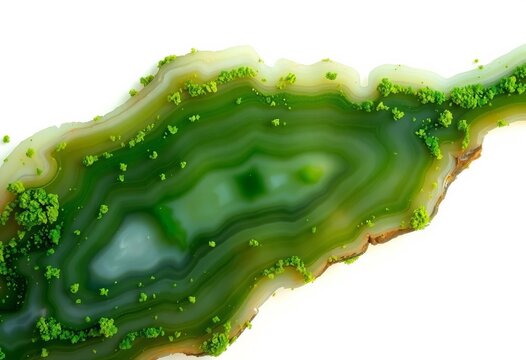 Intricate green and white moss agate swirls, softly lit against a white backdrop,  gemstone,  smooth