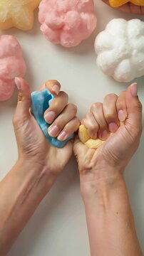 Hands Squeezing Colorful, Star and Flower-Shaped squish toys on White Background