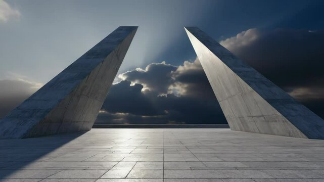 Two large concrete pillars that are leaning on each other, creating a sense of balance and stability. The pillars are situated on a concrete floor, and the sky above them is cloudy