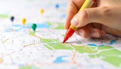 A hand colouring a part of a map with colour markers